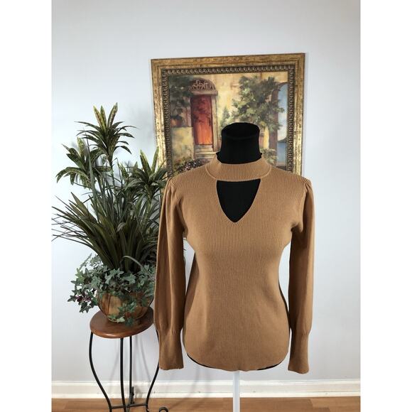 AZ Women’s Tan Cutout Sweater Long Sleeve Ribbed Knit Viscose Blend Small Preppy - Picture 2 of 9